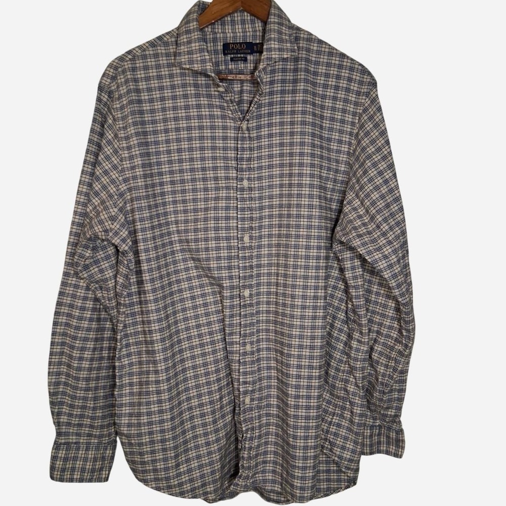 Mens Polo Ralph Lauren blue and white plaid  button-up shirt Clasic fit